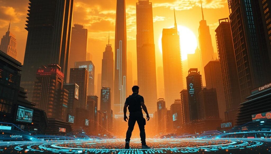 A sprawling, futuristic cityscape with towering skyscrapers and holographic displays, illuminated by a warm, golden sunset glow. In the foreground, a lone figure - a video game protagonist - stands amidst a swirling vortex of data and code, their expression one of contemplation and determination. The scene is infused with a sense of technological innovation and narrative exploration, hinting at the evolving nature of storytelling in the medium of video games. Cinematic camera angles, high-contrast lighting, and a dynamic, slightly abstract composition capture the essence of "innovaciones narrativas en videojuegos".