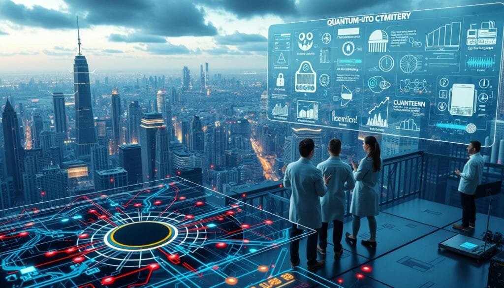 A sprawling, high-tech cityscape with towering skyscrapers and bustling hubs of activity. In the foreground, a complex schematic diagram depicting the inner workings of quantum computing systems, with colorful lines, geometric shapes, and intricate circuits. The midground features a group of scientists in lab coats, gesturing animatedly as they discuss the latest advancements. In the background, a holographic display showcases a diverse array of real-world quantum computing applications, from secure communications and encrypted data processing to AI-powered simulations and quantum-enhanced sensors. The scene is bathed in a cool, futuristic glow, conveying a sense of technological progress and the boundless potential of this emerging field.
