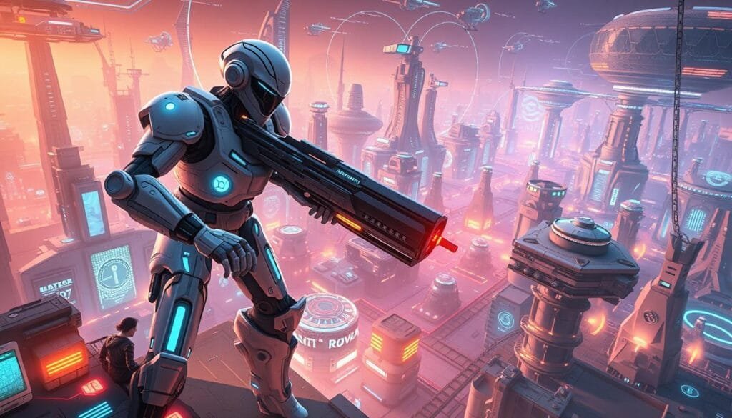 A sprawling, high-tech landscape of futuristic game environments, where AI-driven characters and intelligent systems seamlessly integrate into the virtual world. Glowing holograms, sleek interfaces, and advanced simulations create an immersive, cutting-edge experience. In the foreground, a towering android protagonist wields a futuristic weapon, its every movement and decision guided by sophisticated machine learning algorithms. The background is filled with intricate, data-driven cityscapes, where autonomous vehicles and robotic entities interact with human players in real-time. Warm, vibrant lighting and a sense of technological wonder permeate the scene, showcasing the transformative potential of artificial intelligence in modern gaming.