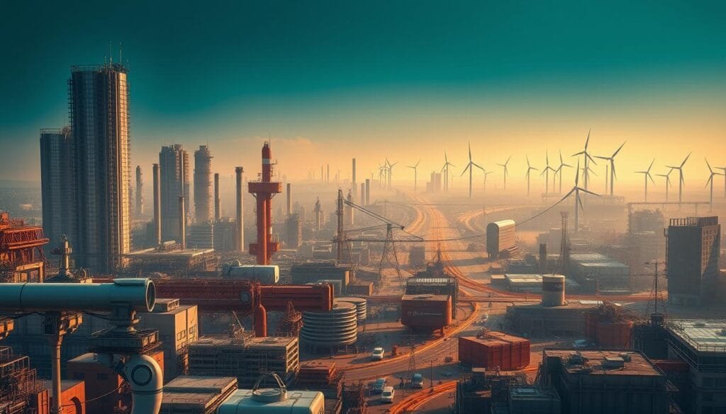 A sprawling industrial cityscape, bathed in a warm, hazy glow. Gleaming high-rises and futuristic factories intertwine, their intricate machinery and networks of pipes and cables visible. In the foreground, towering robotic arms and autonomous vehicles populate the bustling streets, while in the distance, towering wind turbines and solar panels harness the power of nature. The scene conveys a sense of technological progress and efficiency, with the Internet of Things seamlessly integrating industry, infrastructure, and urban life. Dramatic lighting casts long shadows, creating a sense of depth and drama. The overall atmosphere is one of innovation, progress, and the convergence of the physical and digital worlds.