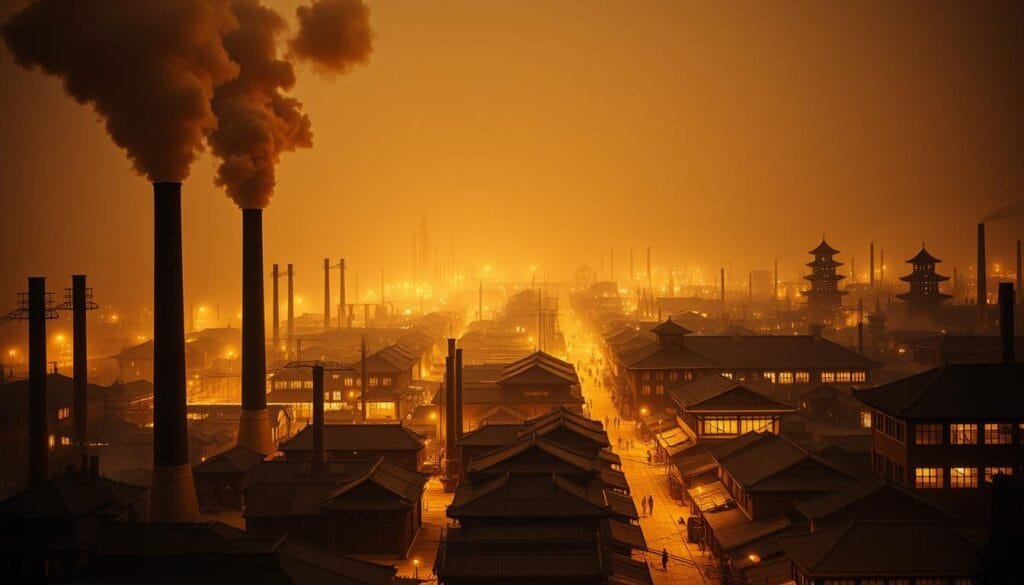 A sprawling industrial landscape of 19th century China, seen through the lens of a vintage camera. In the foreground, towering smokestacks belch billowing clouds of smoke, casting long shadows across the bustling scene. The middle ground is a maze of cobblestone streets lined with workshops and factories, their windows aglow with the warm light of industry. In the distance, the silhouettes of pagodas and traditional Chinese architecture stand in contrast to the emerging industrial skyline. The image is bathed in a golden, sepia-toned light, evoking a sense of historical significance and the dawn of a new era. The overall atmosphere is one of progress, innovation, and the transformative power of technological advancement.