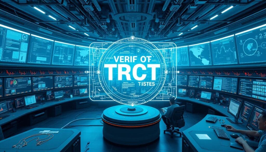 A sprawling intelligence network, intricate cogs of data analysis, and a keen eye for truth. In the center, a holographic display showcases the verification process - algorithms sifting through a torrent of information, cross-referencing sources, and uncovering the facts. Surrounding this, a sleek, futuristic control room with panels of screens, illuminated buttons, and a team of AI-augmented researchers meticulously fact-checking. The scene is bathed in a cool, blue-tinted lighting, casting an aura of precision and objectivity. Subtle highlights and shadows accentuate the depth and complexity of this AI-driven fact-checking ecosystem, poised to combat the tide of misinformation.