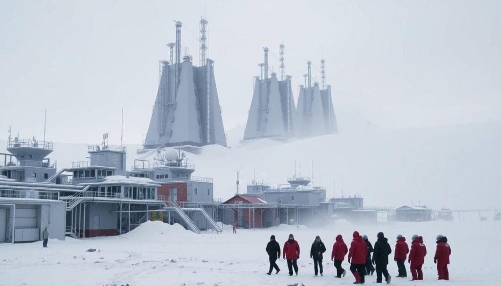 A sprawling research outpost nestled amidst the stark, icy expanse of the Antarctic continent. Tall, angular structures rise from the snow, their sharp silhouettes contrasted by the muted, overcast sky. Intricate networks of pipes, communication arrays, and solar panels cover the complex, testifying to the technological prowess required to sustain human life in this inhospitable realm. In the foreground, a group of researchers in insulated parkas move purposefully between the buildings, their breath visible in the chilly air. The scene exudes a sense of isolation and resilience, capturing the realities of living and working in one of the most extreme environments on Earth.