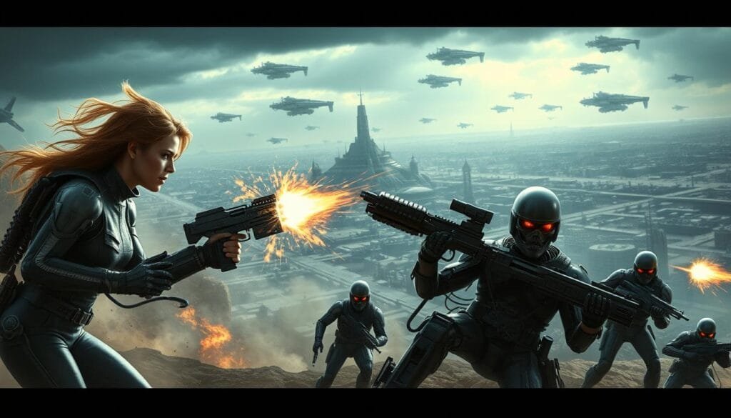 A sprawling science fiction crossover scene, featuring iconic characters from various franchises engaged in an epic battle. In the foreground, rippling energy fields and technological armaments clash as Ripley from Alien and Sarah Connor from Terminator exchange intense blows, their expressions determined and focused. In the middle ground, a team of heavily-armed soldiers from Starship Troopers provide cover fire, while in the background, a vast, alien cityscape stretches out, with spaceships soaring overhead against a dramatic, moody sky. Cinematic lighting casts dramatic shadows and highlights the intensity of the confrontation, while a wide, cinematic camera angle captures the grand scale of the crossover clash.