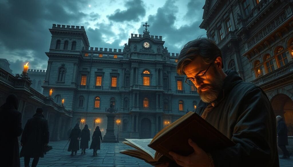 A sprawling stone edifice, a historic palace of memory, stands proudly against a dimly lit sky. Intricate architectural details adorn its façade, hinting at its grand and storied past. In the foreground, a scholar pores over ancient tomes, their face illuminated by the warm glow of candles, lost in the depths of their mnemonic studies. Shadowy figures move through the halls, their footsteps echoing through the cavernous space, connecting the present to the distant eras of this venerable institution. A sense of timelessness pervades the scene, as if the very walls hold the secrets of centuries of knowledge and recollection.