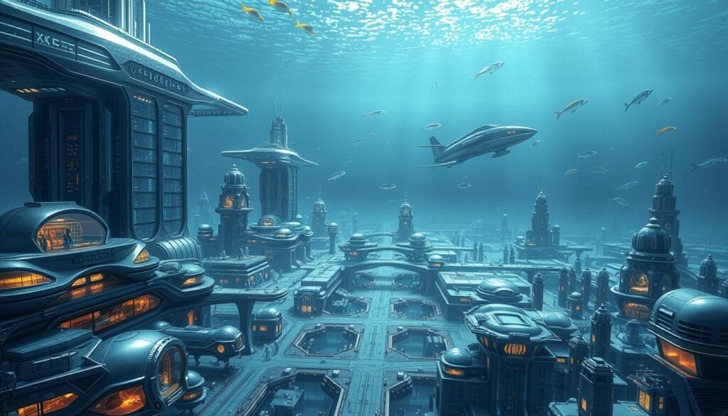 A sprawling underwater cityscape, with sleek, futuristic buildings and structures made of gleaming, transparent materials that shimmer in the soft, ambient light. The foreground features a diverse array of advanced submersible vehicles and robotic technologies, their intricate designs and functions on full display. In the middle ground, bustling pathways and docking stations connect the various city districts, while the background reveals the vast, mysterious depths of the ocean, with schools of vibrant marine life drifting in the distance. The scene conveys a sense of technological innovation, human ingenuity, and harmonious coexistence with the natural world beneath the waves.
