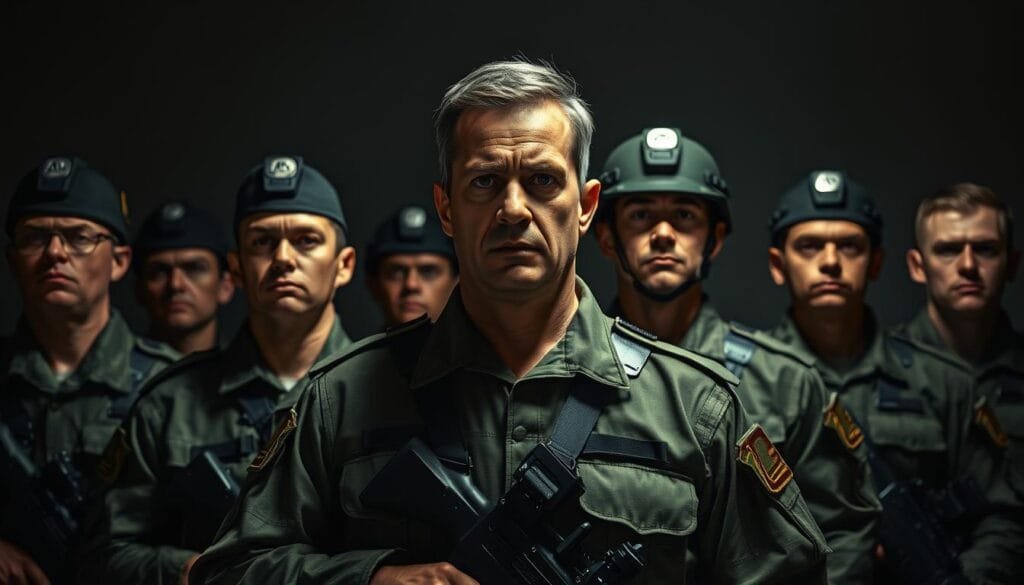 A squad of elite soldiers in military uniform, standing at attention with steely determination in their eyes. Harsh shadows from a single overhead light source cast dramatic highlights across their disciplined expressions and angular features. The squad's leader, a seasoned veteran with a stern, uncompromising gaze, stands slightly in front, signifying his position of authority. The soldiers' weapons are holstered, but their posture conveys a sense of coiled power, ready to spring into action at a moment's notice. The background is muted, allowing the focus to remain solely on the squad's intense, unwavering focus - a representation of their rigorous training and commitment to their cause.