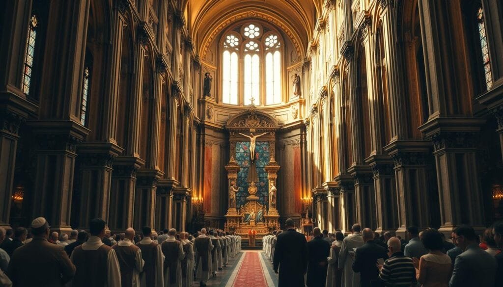 A stately, baroque-inspired cathedral interior, its soaring arches and ornate columns evoking the grandeur and power of the Catholic Church. Warm, golden lighting filters through stained glass windows, casting a reverent glow over the ornately carved altar and towering crucifix. In the foreground, a procession of robed clergy move solemnly through the nave, their faces serene and resolute, symbolizing the unwavering authority and hierarchy of the institution. In the distance, worshippers kneel in prayer, their humble postures contrasting the imposing architecture that looms over them. An aura of reverence and spiritual weight permeates the scene, hinting at the immense influence the Church wielded over the lives of the faithful.