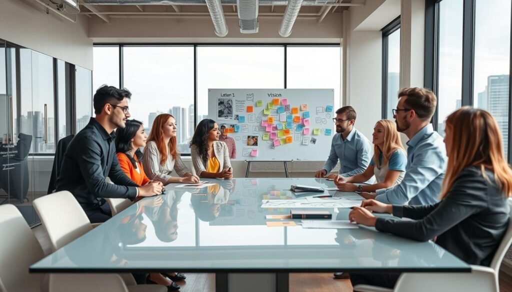 A strategic brainstorming session in a modern, airy office space. In the foreground, a diverse team of professionals gathered around a sleek conference table, deep in discussion, sketching ideas on a glass whiteboard. Mid-ground, a vision board filled with inspiring visuals and sticky notes, hinting at the transformation of a "crazy idea" into a tangible plan. The background features floor-to-ceiling windows, allowing natural light to flood the room, and a skyline view that evokes a sense of boundless potential. The atmosphere is one of focused collaboration, creativity, and the excitement of embarking on a new venture.