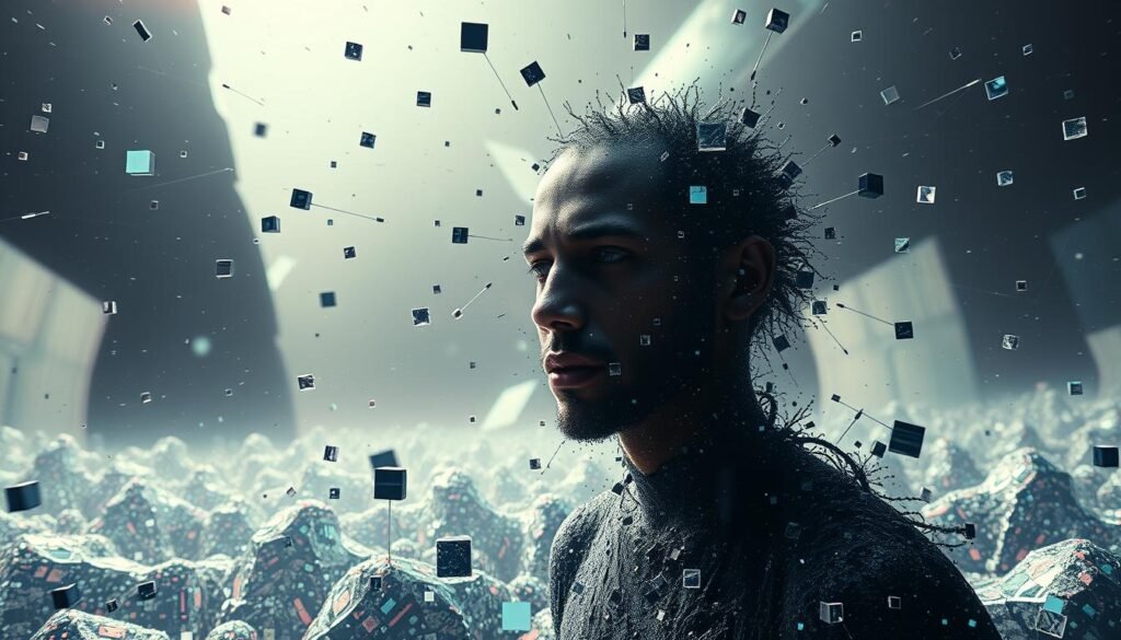 A striking digital landscape filled with complex distortions and glitches, depicting the manipulative nature of deepfakes. In the foreground, a surreal figure emerges from a sea of fractured pixels, its features shifting and contorting. The middle ground showcases a kaleidoscope of digital artifacts, hinting at the ease with which content can be digitally altered. The background fades into a hazy, dreamlike realm, conveying the blurred line between reality and fabrication. Lighting is dramatic, with sharp contrasts and an ominous tone, evoking a sense of unease and the need for vigilance when consuming digital content. The overall composition suggests the insidious power of deepfakes to deceive and mislead.