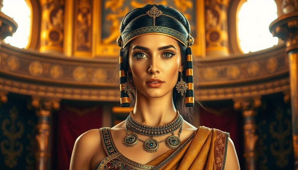 A striking portrait of Cleopatra, the legendary Queen of Egypt, standing tall and resolute against a backdrop of her opulent palace. Her regal demeanor and captivating gaze command attention, conveying a sense of power and strategic prowess. The warm, golden lighting casts a soft, almost ethereal glow, emphasizing her beauty and the grandeur of her surroundings. Intricate details in the ornate architectural elements and rich, luxurious fabrics evoke the opulence of ancient Egypt, hinting at the diplomatic and political acumen that made Cleopatra a formidable force. The overall composition and mood suggest a woman of immense influence, capable of shaping the course of history through her strategic vision and unwavering determination.