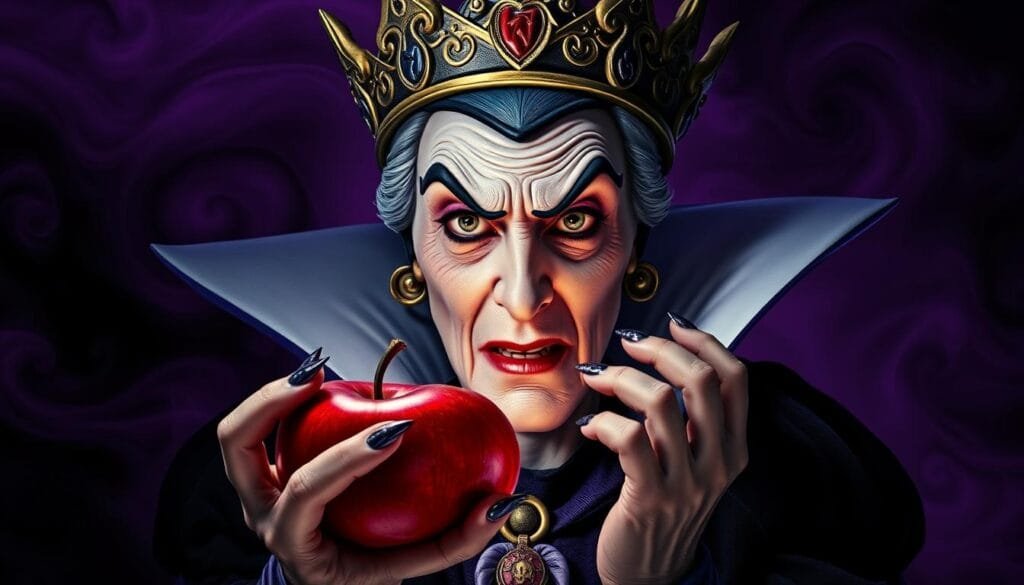 A striking portrait of the Evil Queen from "Snow White and the Seven Dwarfs", clutching a shiny, poisoned red apple in her gnarled hand. Her jagged crown casts an ominous shadow over her malevolent, wrinkled face as she looms against a backdrop of swirling, ominous purple and black mists. Dramatic low-angle lighting accentuates the sinister, larger-than-life presence of this iconic Disney villain, radiating an aura of pure, cold-blooded wickedness.