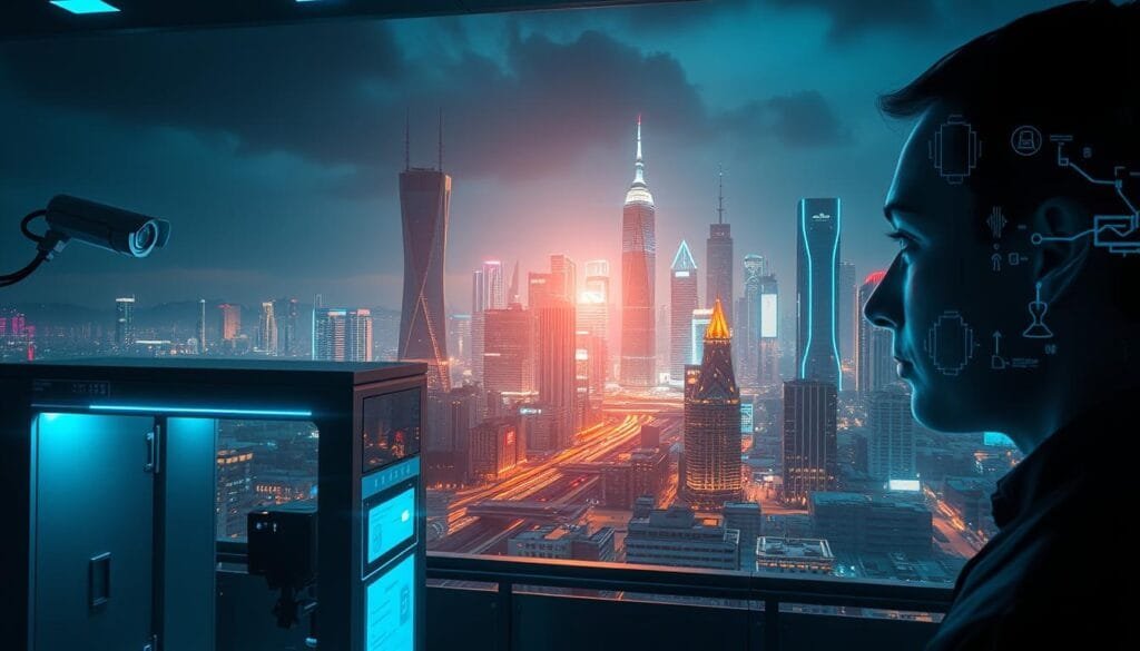 A striking scene of future facial recognition systems, illuminated by the ethereal glow of holographic interfaces. In the foreground, a futuristic security checkpoint with discreet cameras scanning faces, while in the middle ground, an array of advanced sensors and scanners analyze biometric data. The background depicts a bustling metropolis, its skyline dominated by towering skyscrapers adorned with sleek, high-tech architectural elements. The lighting is a blend of cool, ambient tones and the warm hues of cutting-edge displays, creating an atmosphere of both efficiency and innovation. The overall scene conveys a sense of the remarkable progress and widespread integration of facial recognition technology in the years to come.