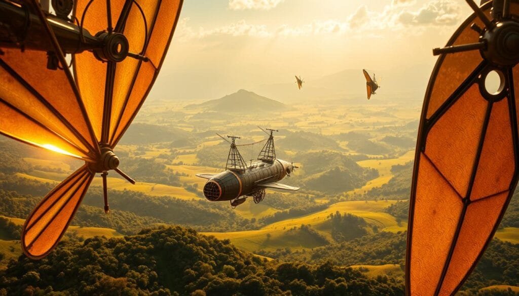 A stunning aerial scene of da Vinci's visionary flying machines soaring above a lush, verdant landscape. In the foreground, intricate mechanical wings and propellers glint in the warm afternoon sunlight, their innovative designs hinting at the boundless creativity of their inventor. The middle ground reveals a detailed, fantastical airship, its curved lines and ornate details evoking a sense of timeless elegance. In the background, a vast expanse of rolling hills and towering mountains provides a majestic, awe-inspiring backdrop, as if these incredible flying machines have finally taken flight in a world of limitless possibility. A sense of wonder and innovation permeates the entire scene, capturing the essence of what da Vinci's creations could have become with the technology of the 21st century.