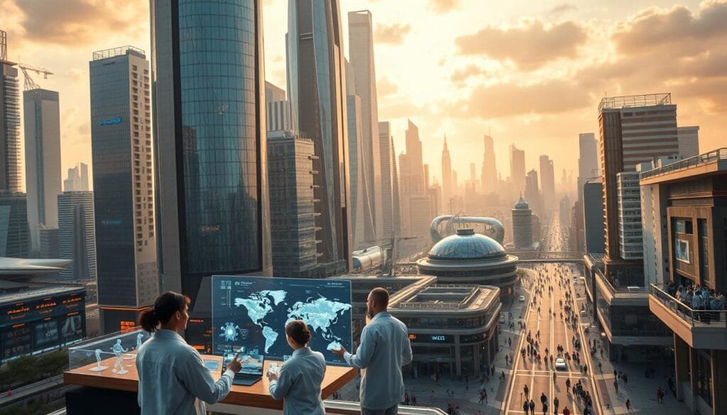 A stunning futuristic cityscape with towering skyscrapers, sleek glass and steel structures, and advanced transport systems. In the foreground, a group of scientists and engineers collaborate on holographic displays, simulating complex pandemic modeling and prevention strategies. The middle ground features advanced medical facilities with state-of-the-art robotics and automation, while the background is filled with bustling streets and public spaces, showcasing the integration of technology into modern society. Warm lighting casts a hopeful glow, conveying a sense of progress and humanity's resilience in the face of global challenges. The scene embodies the innovative, interconnected, and technologically-driven future that could have emerged without the devastating impact of historical pandemics.