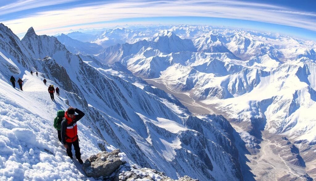A stunning panoramic view of the majestic Everest, its snow-capped peaks reaching towards the heavens. In the foreground, a team of intrepid mountaineers carefully navigates the treacherous ice and rock, their colorful gear and determined expressions conveying the challenges of this historic ascent. The middle ground reveals the winding trails that have been carved through the rugged terrain, a testament to the perseverance and ingenuity of generations of climbers. The background is a breathtaking tapestry of towering mountains, their slopes blanketed in pristine white snow, bathed in the warm glow of the sun. The scene exudes a sense of adventure, exploration, and the boundless human spirit, capturing the essence of the Everest's storied climbing history.