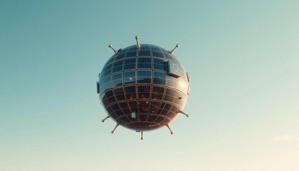 A stunning solar energy sphere floating in a serene, azure sky. The spherical structure glistens with a metallic sheen, its intricate panels and arrays efficiently capturing the sun's radiant energy. Delicate structural supports and pylons elegantly suspend the sphere, creating an impression of weightlessness and graceful engineering. Diffused lighting bathes the scene in a warm, golden glow, casting subtle shadows that accentuate the sphere's contours. The background is devoid of distractions, allowing the viewer to focus solely on the impressive, self-contained solar power generator suspended in the tranquil heavens.