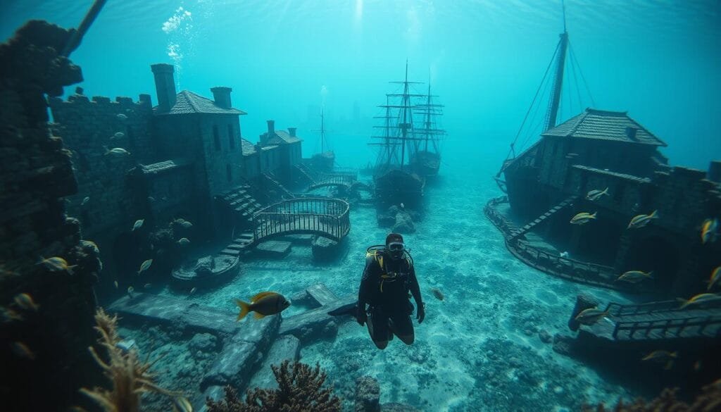 A sunken colonial town, Port Royal, Jamaica, resting beneath the waves. Sunlight filters through the azure waters, illuminating the weathered stone buildings and crumbling piers. Schools of tropical fish dart among the ruins, while kelp and coral encrust the submerged structures. In the foreground, a lone diver explores the ghostly remains, their diving gear casting long shadows. The middle ground reveals the derelict shipwrecks and abandoned ships, their masts and hulls slowly being reclaimed by the sea. The distant background shows the hazy silhouette of a bustling modern city skyline, a stark contrast to the abandoned underwater world. An eerie, yet hauntingly beautiful scene, capturing the transition from a vibrant pirate hub to a sunken relic of a bygone era.
