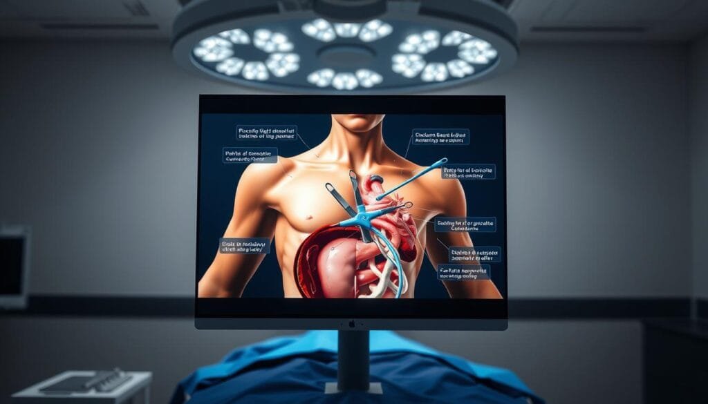 A surgical guide with augmented reality displayed on a high-resolution screen. The guide shows a 3D model of the human body with interactive annotations highlighting key anatomical structures and surgical tools. The scene is illuminated by soft, diffused lighting creating a calm, clinical atmosphere. The camera angle is slightly elevated to provide an overview of the procedure, with a shallow depth of field blurring the background. The guide's interface is intuitive and minimalist, seamlessly blending digital information with the physical workspace. The overall impression conveys the potential of AR technology to enhance precision and safety in complex medical procedures.