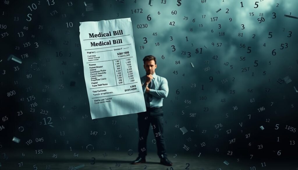 A surprising medical bill floating in the foreground, surrounded by a chaotic swirl of numbers and calculations. In the middle ground, a pensive figure stands, hand on chin, contemplating the unnerving statement. The background is hazy, suggesting a sense of unease and uncertainty. Dramatic lighting casts deep shadows, heightening the tension. The overall mood is one of bewilderment and financial distress, mirroring the theme of costly mathematical errors.