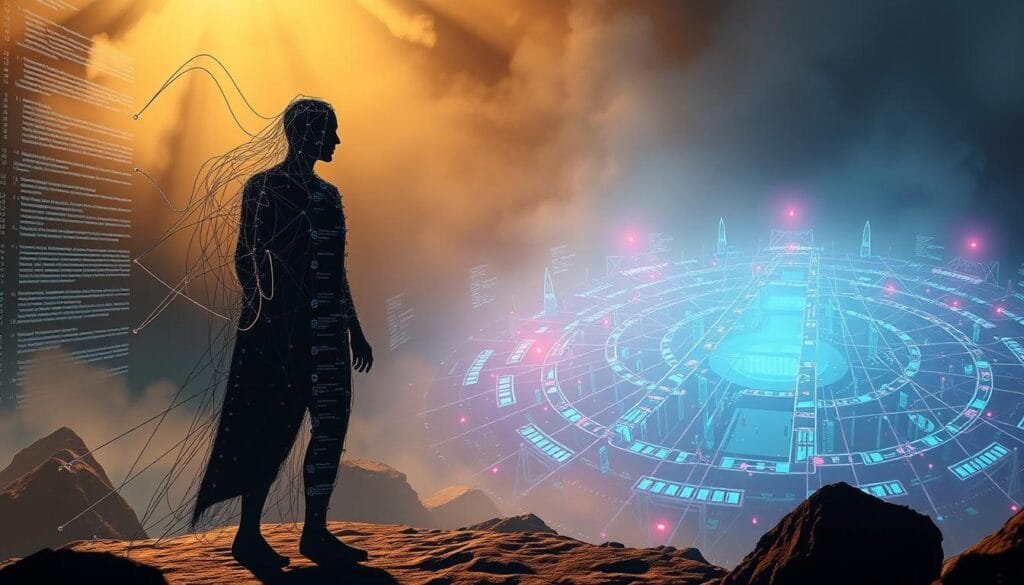 A surreal and thought-provoking scene depicting the challenges and opportunities in AI-driven narrative analysis. In the foreground, a towering figure made of abstract data structures stands resolute, its form shifting and morphing as lines of code dance around it. In the middle ground, a labyrinth of interconnected narratives unfolds, with characters emerging and disappearing in a kaleidoscopic display. The background is shrouded in a hazy, neon-tinged atmosphere, hinting at the complexities and mysteries inherent in the relationship between AI and storytelling. The lighting is dramatic, casting long shadows and highlighting the tension between the analytical and the creative. The overall composition evokes a sense of wonder, challenge, and the vast untapped potential of this emerging field.