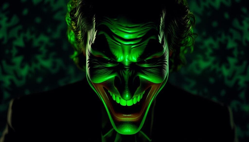 A surreal, chiaroscuro portrait of the Joker (Heath Ledger), his visage contorted into a manic grin, bathed in an eerie green-tinged light. The background is a kaleidoscopic swirl of abstract, chaotic patterns, hinting at the tumultuous motivations underlying his chaos-inducing persona. The lighting casts dramatic shadows, emphasizing the Joker's mercurial and unsettling nature. The composition is tightly framed, drawing the viewer's focus to the character's intense, piercing gaze and unsettling demeanor, as if the Joker is attempting to psychoanalyze the observer. An unsettling, yet captivating representation of the AI's attempts to unravel the complexities of the Joker's motivations.