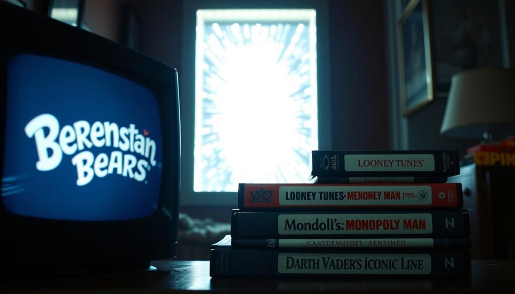 A surreal, cinematic scene of iconic "Mandela Effect" examples from popular culture. In the foreground, a blurry TV displaying a distorted "Berenstain Bears" logo. In the middle ground, a stack of vintage VHS tapes with altered covers - "Looney Tunes", "The Monopoly Man", and "Darth Vader's iconic line." In the background, a shimmering portal to an alternate reality, casting an ethereal glow. Dramatic chiaroscuro lighting, with deep shadows and highlights. Moody, unsettling atmosphere, as if glimpsing a parallel universe. Highly detailed, photorealistic rendering with a cinematic, widescreen aspect ratio.