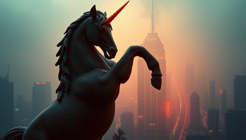 A surreal, dystopian landscape inspired by the iconic Blade Runner universe. In the foreground, a majestic unicorn statue stands, its horn glowing with an otherworldly simbología. The figure is bathed in a warm, amber hue, casting an ethereal glow over the scene. In the middle ground, a cityscape of towering skyscrapers and neon-lit streets stretches out, hinting at the futuristic setting. The background is enveloped in a moody, atmospheric haze, creating a sense of mystery and melancholy. The image should convey a sense of the alternative, AI-driven ending to the Blade Runner story, with the unicorn symbolizing the blurring of reality and illusion.