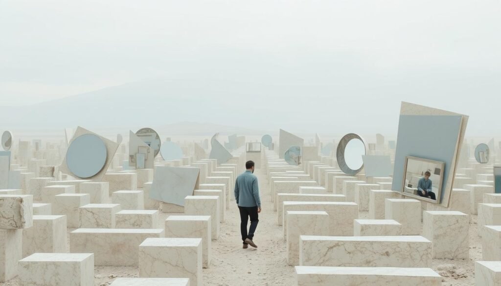 A surreal landscape devoid of reflective surfaces, where the familiar becomes foreign. In the foreground, a person navigates a maze of abstract shapes, their own identity obscured, confronting the challenge of self-perception without the mirror's aid. The middle ground reveals a dreamlike realm, filled with fragmented, distorted forms that defy conventional understanding. In the distance, a horizon blurs the line between reality and imagination, hinting at the profound transformations that occur when we are stripped of the mirrors that define us. Soft, diffused lighting casts a contemplative, ethereal atmosphere, inviting the viewer to ponder the nature of identity and the human experience in a world without reflections.