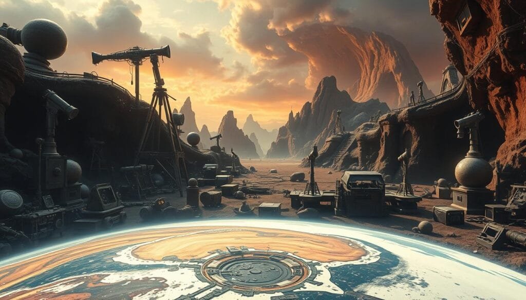 A surreal landscape where science and fiction collide. In the foreground, a cross-section of the Earth's interior, revealing the stark contrast between fantastical depictions and geological realities. The middle ground showcases scientific instruments and equipment, symbolizing the pursuit of truth. In the background, a dreamlike, otherworldly realm of imagined subterranean wonders, bathed in a warm, cinematic lighting. The image conveys the tension between our imaginative visions and the empirical findings of scientific exploration, inviting the viewer to ponder the delicate balance between fantasy and fact.