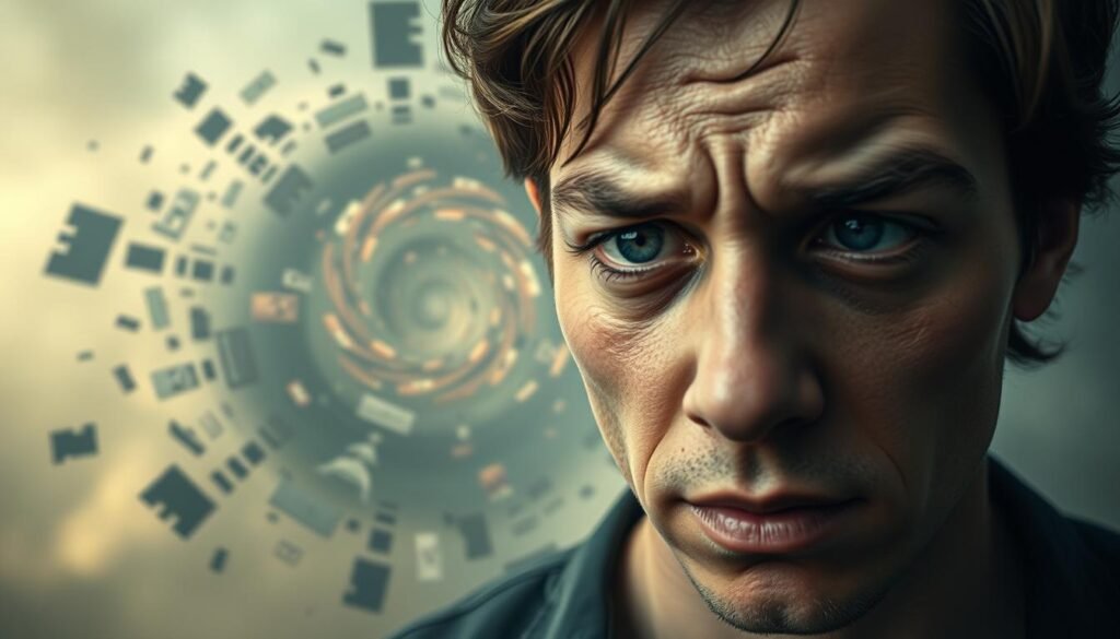 A surreal, photorealistic scene depicting the psychological symptoms of mythomania. In the foreground, a person's face is distorted, their eyes shifting and unfocused, as if grappling with an internal struggle. The middle ground reveals a swirling vortex of fragmented memories and fabricated narratives, hinting at the disjointed nature of their perception. The background is shrouded in a hazy, dreamlike atmosphere, conveying the sense of a mind unmoored from reality. Soft, diffused lighting casts an introspective glow, while a shallow depth of field emphasizes the psychological turmoil. The overall composition evokes the complex interplay between the compulsive need to deceive and the desire for genuine self-expression.