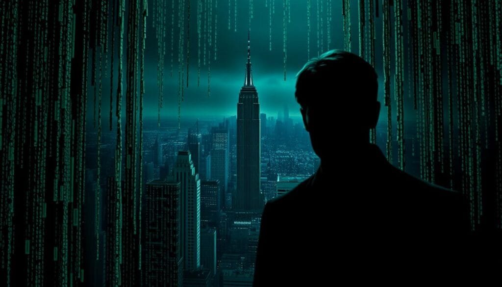 A surreal scene depicting the dichotomy between reality and illusion in the Matrix. In the foreground, Neo stands amidst a matrix of digital code, his face half-shrouded in shadow, conveying the tension between his true nature and the fabricated world around him. In the middle ground, the iconic city skyline of the Matrix towers, but the buildings appear to be crumbling, their façades peeling away to reveal the underlying digital structure. In the background, a vast expanse of void and darkness, hinting at the true nature of the simulated reality. Dramatic low-angle lighting casts deep shadows, creating a sense of unease and uncertainty. The overall mood is one of existential questioning, as the line between what is real and what is illusion becomes increasingly blurred.