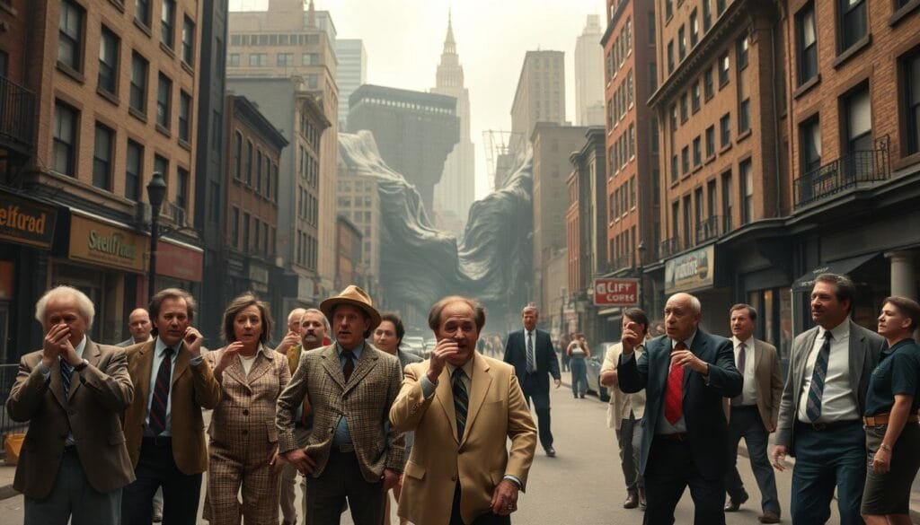 A surreal street scene reflecting the absurdist nature of Seinfeld's comedy. In the foreground, a group of oddly-dressed characters engage in nonsensical, exaggerated gestures and expressions, their faces obscured in a hazy, dreamlike manner. The middle ground features a twisted, distorted urban landscape, with buildings and structures warping and melting into each other. The background is shrouded in a moody, atmospheric lighting, casting long shadows and creating a sense of unease. The overall composition conveys a strong sense of the bizarre, the meaningless, and the inexplicable - a visual representation of the show's offbeat, absurdist humor.