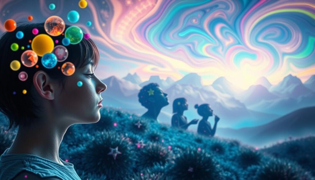 A surreal, vibrant landscape depicting various types of synesthesia. In the foreground, a person experiences the phenomenon of seeing colors and shapes in response to hearing music, with abstract orbs of color emanating from their ears. The middle ground features people tasting words, their mouths aglow with hues that correspond to the flavors they perceive. In the distant background, a dreamlike sky displays swirling patterns of colors, mirroring the synesthetic experience of seeing sounds. The lighting is soft and ethereal, creating a sense of wonder and mystery. The composition is balanced, drawing the viewer's eye through the layers of this extraordinary, mind-bending scene.
