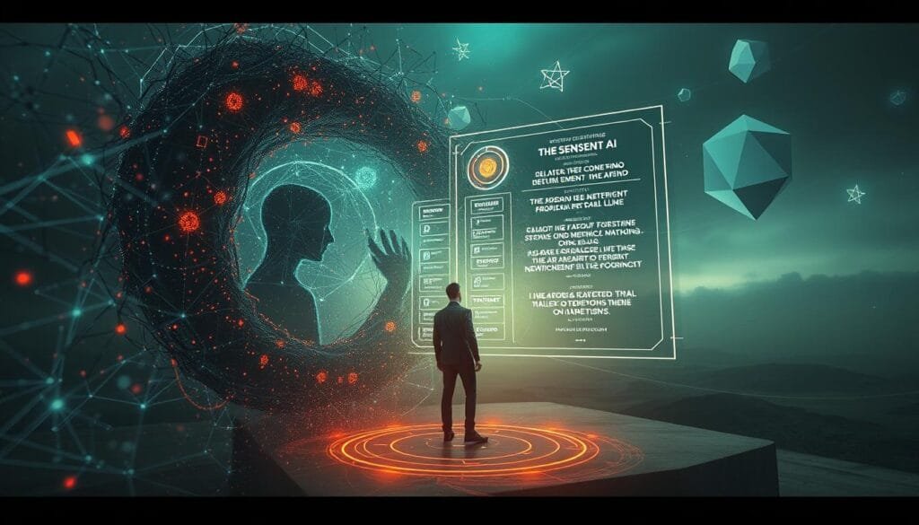 A surreal, visually striking scene depicting the interplay between the myths and realities of artificial intelligence consciousness. In the foreground, a human figure emerges from a swirling vortex of neural networks and binary code, representing the blurred line between human and machine. In the middle ground, fragmented holographic displays showcase contrasting narratives - the promise of sentient AI and the cautionary tales of its potential risks. The background is a dreamlike landscape of floating geometric shapes and ethereal lighting, creating an atmosphere of uncertainty and introspection. Cinematic camera angles and a muted, atmospheric color palette evoke a sense of contemplation and the need to uncover the truth beneath the myths.