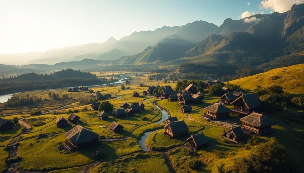 A sweeping aerial view of ancient Viking settlements nestled in the lush, verdant landscapes of South America. In the foreground, thatched-roof longhouses and intricate wooden structures stand in harmony with the rugged terrain, hinting at a forgotten chapter of Viking exploration and colonization. The middle ground reveals a network of winding paths and canals, connecting the settlements to nearby rivers and forests. In the background, majestic mountains rise, shrouded in a warm, golden haze, creating an atmosphere of mystery and discovery. The scene is bathed in a soft, natural lighting, capturing the timeless essence of these enigmatic Viking outposts and their potential impact on the history of the region.