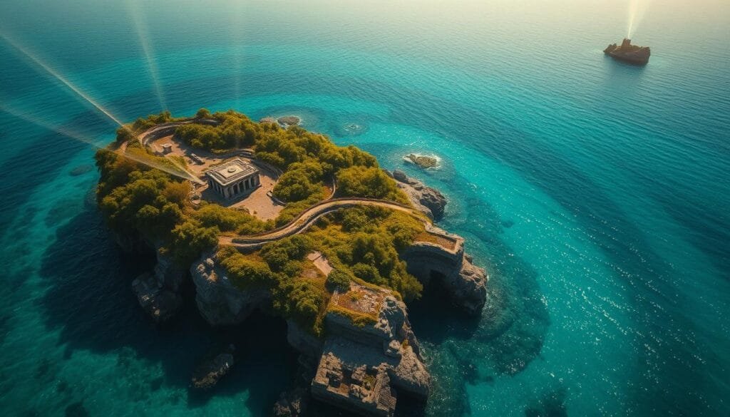 A sweeping aerial vista of a mysterious, sunken island hidden beneath the turquoise waves of the open ocean. The crumbled ruins of ancient stone buildings and monuments peek out from the shimmering surface, hinting at the lost civilization of Atlantis. Lush, verdant vegetation clings to the remnants of structures, as if nature is slowly reclaiming this forgotten realm. Beams of golden sunlight pierce the crystalline waters, illuminating the submerged landscape in an ethereal, otherworldly glow. Mysterious, uncharted landmasses dot the horizon, suggesting undiscovered locations that may hold the key to the location of the fabled Atlantis.