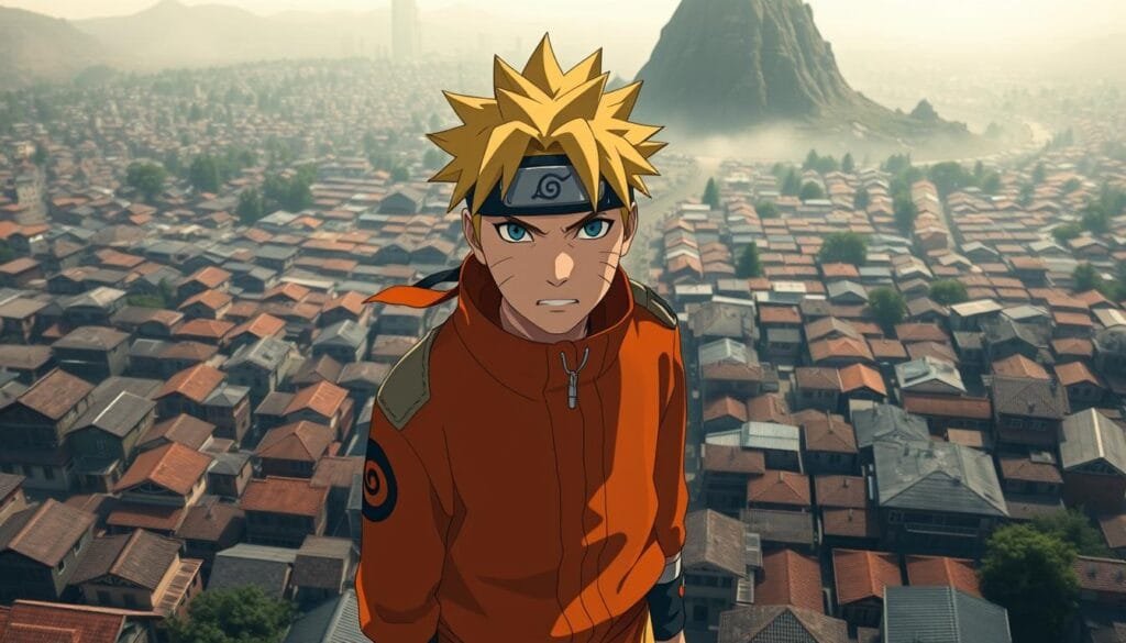 A sweeping birds-eye view of the bustling village of Konoha, with the iconic Hokage Rock looming in the background. In the foreground, Naruto Uzumaki stands tall, his blonde hair and bright orange outfit a stark contrast against the muted tones of the surrounding buildings. His gaze is stern, brow furrowed in concentration, as he surveys the scene with a weighted sense of responsibility. The lighting is soft and hazy, casting a pensive, almost melancholic mood over the entire composition. The image conveys the weight of Naruto's leadership, the challenges he has faced, and the sacrifices he has made to protect his beloved home.