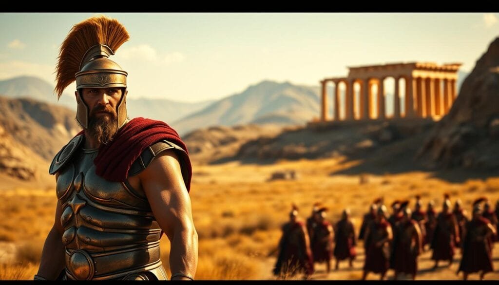 A sweeping, cinematic scene depicting the historical context of Leonidas and William Wallace. In the foreground, Leonidas stands resolute, his Spartan armor gleaming in the warm Mediterranean sun, his leonine gaze fixed on the horizon. Behind him, the rugged, windswept landscapes of ancient Greece stretch out, with the silhouettes of fellow Spartan warriors visible in the middle distance. In the background, the golden-hued ruins of an ancient temple hint at the rich cultural heritage of the region. The lighting is dramatic, casting sharp shadows and highlighting the determination etched upon Leonidas' face. A wide, epic lens captures the grandeur of the setting, conveying a sense of the momentous events that are to unfold.