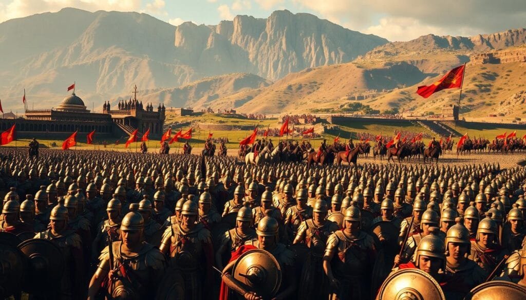 A sweeping, cinematic view of Roman military strategies during the Gallic Wars, captured in stunning detail. In the foreground, legions of disciplined soldiers march in formation, their bronze armor gleaming in the warm afternoon light. In the middle ground, cavalry units wheel and charge, their banners fluttering in the wind. The background is dominated by a rugged, mountainous landscape, with fortified camps and siege weapons dotting the terrain. The scene conveys a sense of power, precision, and the strategic mastery that defined the Roman military machine under the command of leaders like Julius Caesar.