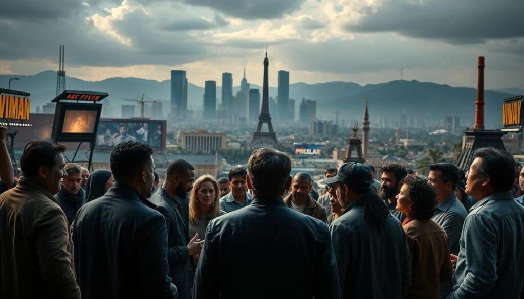 A sweeping, grand vista of a film studio lot against a backdrop of towering skyscrapers and monuments, conveying the hegemonic influence of cultural cinema. In the foreground, a group of diverse actors and filmmakers engaged in a heated debate, their body language and facial expressions hinting at the complex interplay of imperialism, politics, and cultural representation. The scene is bathed in a dramatic, moody lighting, with shadows and highlights emphasizing the tension and gravitas of the moment. The camera angle is slightly elevated, lending a sense of scale and significance to the proceedings. The overall mood is one of intellectual discourse and sociopolitical questioning, inviting the viewer to consider the deeper implications of the cinematic medium and its role in shaping cultural narratives.