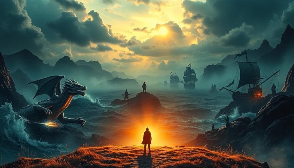 A sweeping landscape depicting the core elements of the hero's journey, as seen through the lens of classic literature and cinema. In the foreground, a solitary figure stands at the threshold of adventure, backlit by a warm, golden light. The middle ground features iconic scenes from beloved stories - a knight in shining armor battling a fearsome dragon, a young wizard casting spells, a pirate ship sailing on a stormy sea. In the distance, shadowy silhouettes of famous characters emerge from a mist-shrouded background, hinting at the rich tapestry of heroic narratives that have captivated audiences for generations. The scene is imbued with a sense of wonder, mystery, and the timeless power of storytelling.