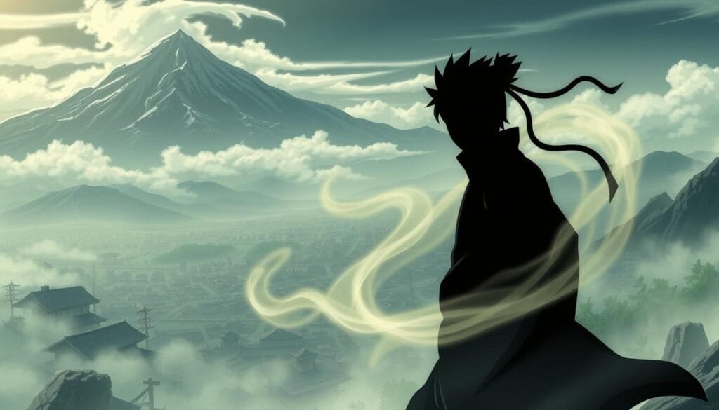 A sweeping landscape of the Naruto universe, filled with symbolic imagery reflecting the show's complex narrative and ideology. In the foreground, a powerful silhouette of a ninja, their form partially obscured by swirling energy and ethereal mist. The middle ground features a sprawling village, its structures and architecture evoking traditional Japanese design, while the background showcases a majestic mountain range, the peaks shrouded in wispy clouds. Diffused lighting casts a contemplative, almost reverent atmosphere, inviting the viewer to ponder the depth and nuance of Naruto's thematic underpinnings. Subtle visual cues allude to the show's themes of duty, sacrifice, and the complex interplay of individual identity and societal expectations.