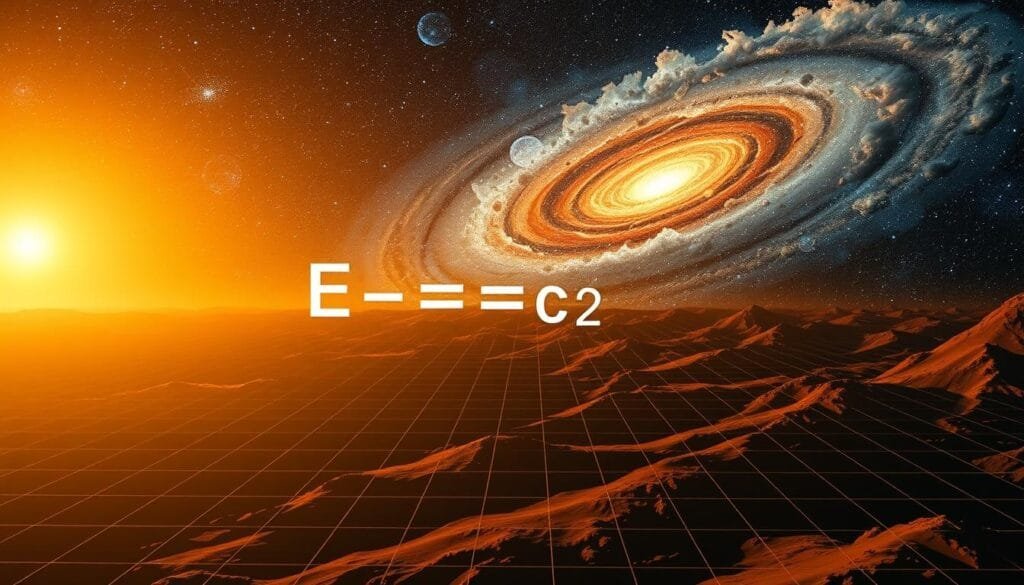 A sweeping landscape of the cosmos, bathed in warm, golden light. In the foreground, the iconic equation E=mc² hovers, its mathematical symbols illuminated by an unseen source. In the middle ground, a distorted, warped grid representing the fabric of spacetime, twisting and bending with the power of relativity. In the background, a vast, swirling galaxy, its stars and nebulae dancing to the rhythm of Einstein's revolutionary theories. The scene evokes a sense of awe and wonder, inviting the viewer to explore the profound depths of the universe and the human mind that sought to unravel its secrets.