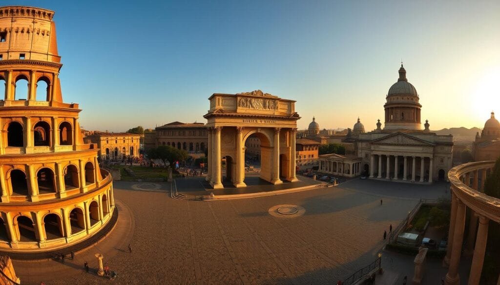 A sweeping panorama of the majestic monuments of ancient Rome, captured in a warm, golden-hour glow. In the foreground, the towering Colosseum stands proud, its grand arches and intricate carvings illuminated by the setting sun. In the middle ground, the iconic Arch of Titus rises majestically, its ornate reliefs casting long shadows across the cobblestoned piazza. Framing the scene, the iconic domes and columns of the Roman Forum stretch out into the distance, their weathered facades a testament to the grandeur of the Roman Empire. The overall atmosphere is one of timeless wonder and historical reverence, inviting the viewer to step back in time and imagine the bustling life that once filled these hallowed halls.