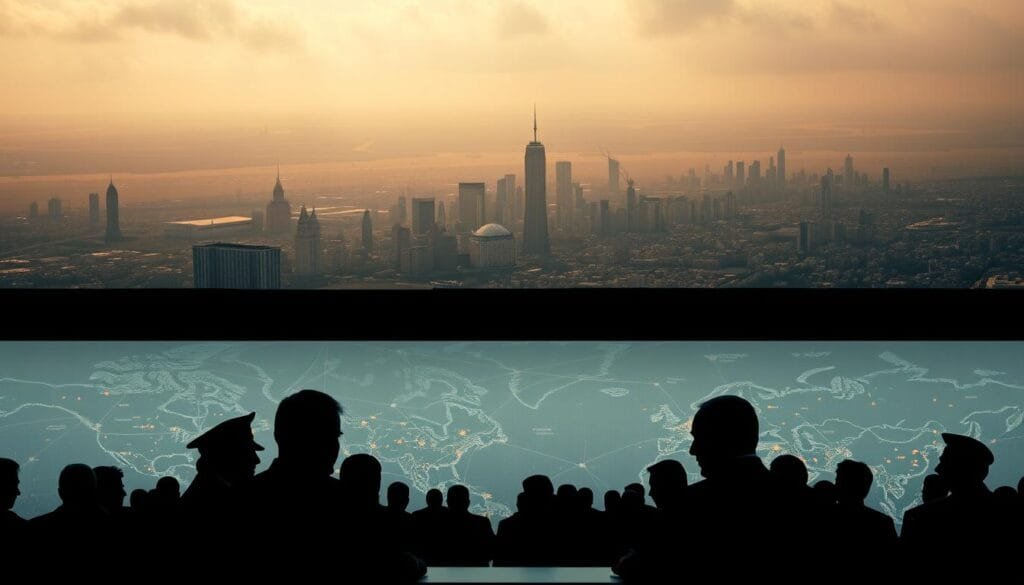 A sweeping panoramic view of the present-day geopolitical landscape, shaped by the historical legacy of the Cold War. In the foreground, silhouettes of world leaders engaged in tense negotiations, their expressions etched with the weight of past conflicts. The middle ground reveals a tapestry of interconnected alliances and rivalries, interwoven with the threads of ideology, resource competition, and strategic positioning. In the background, a hazy skyline of major global centers, their urban landscapes reflecting the residual tensions and power dynamics that have carried over from the bipolar world order. Dramatic lighting casts dramatic shadows, evoking a sense of gravity and unresolved historical echoes. The scene conveys the current state of geopolitical affairs, a legacy of the Cold War's complex and lasting impact.