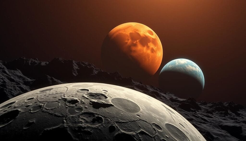A sweeping panoramic vista of three celestial bodies in the vastness of space. In the foreground, the Moon's cratered surface takes up a significant portion of the frame, its rocky terrain bathed in the warm glow of distant starlight. In the middle ground, the red planet Mars looms large, its rust-colored hues contrasting with the Moon's more muted grays. Farther in the distance, the azure-hued Earth hovers, its wispy clouds swirling gently. The scene is illuminated by a subtle, directional lighting that casts dramatic shadows, accentuating the rugged terrain of the celestial bodies. The overall atmosphere evokes a sense of scale, wonder, and the stark differences between these potential targets for terraforming efforts.