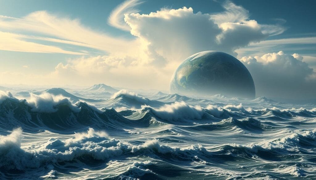 A sweeping planetary landscape, the Earth's surface undulating with the ebb and flow of mighty tides. Dramatic waves crash against rugged coastlines as the planet's rotation generates powerful currents and atmospheric disturbances. Towering clouds swirl and churn, hinting at the complex interplay of gravitational forces that shape the world's climate. In the distance, the horizon curves gently, a subtle reminder of the Earth's spherical form and the intricate dance of celestial mechanics that govern its daily cycle. Soft, directional lighting illuminates the scene, casting long shadows and accentuating the dynamic textures of land, sea, and sky. This is a world in motion, a delicate balance of natural forces that sustain life on our fragile home.