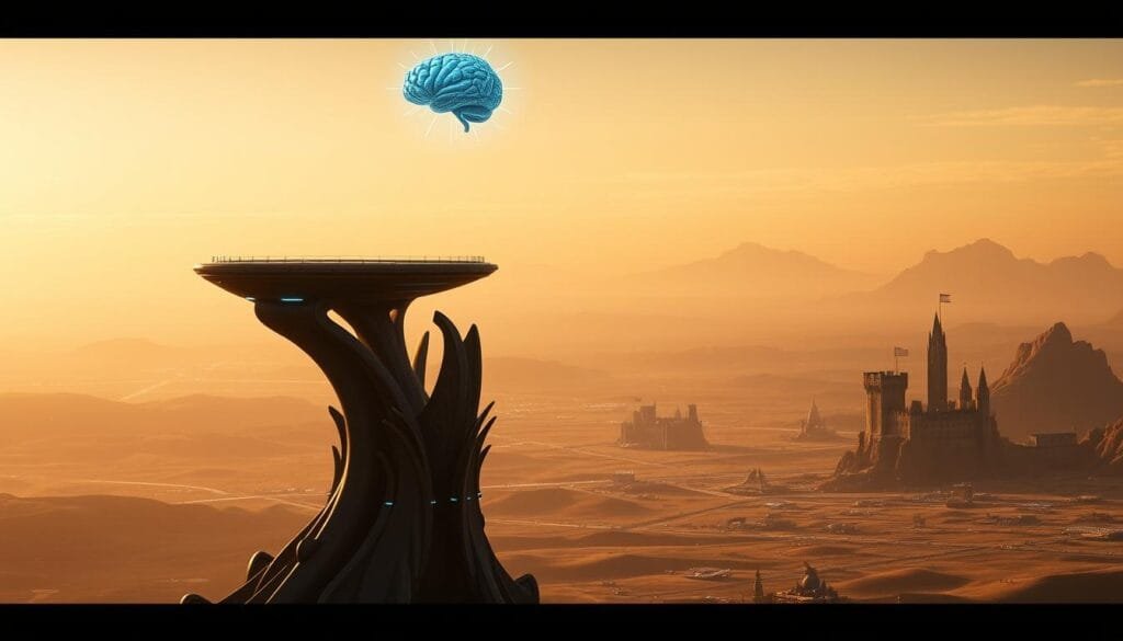 A sweeping vista of the fictional continent of Westeros, known as Poniente, bathed in a warm, golden glow. In the foreground, an imposing structure stands tall, its futuristic, organic architecture hinting at the technological advancements that have transformed this once medieval landscape. Hovering above, an artificial intelligence system surveys the scene, its glowing blue interface casting an ethereal light upon the land. In the distance, the familiar silhouettes of castles and mountains are visible, but they have been altered, modernized, and integrated with innovative, sustainable infrastructure. The overall mood is one of progress, harmony, and the promise of a prosperous future for the realm.