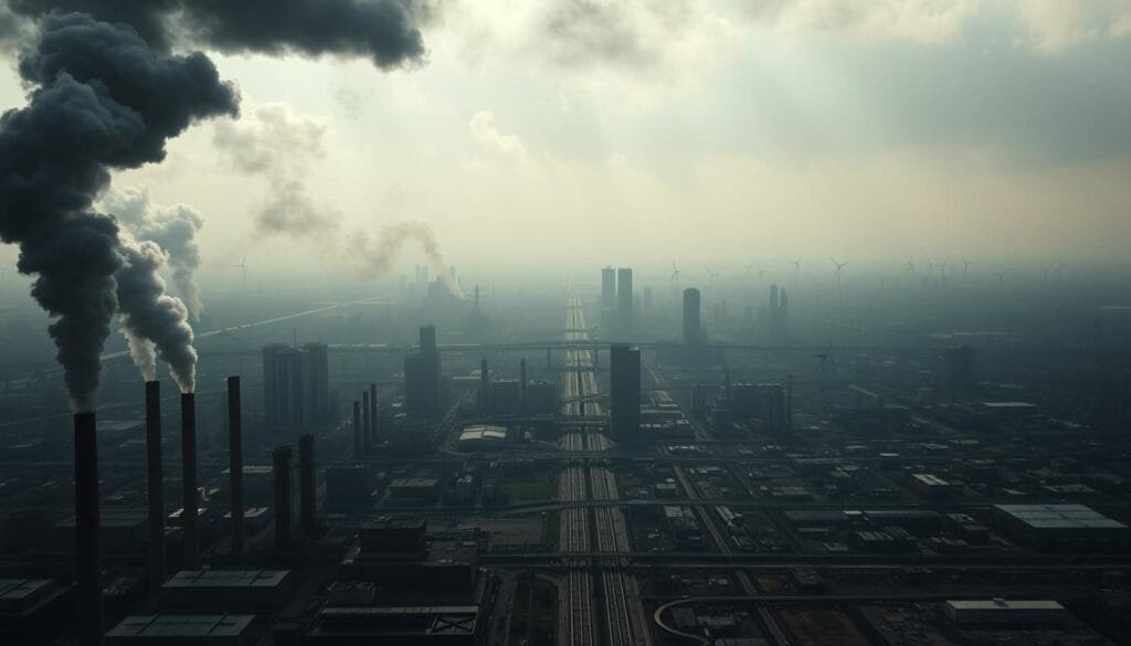 A sweeping vista of the global industrial landscape, seen through a lens of dynamic tension and environmental impact. In the foreground, towering smoke stacks and factories belch plumes of smog, casting long shadows across the bustling cityscape. The middle ground is a tapestry of skyscrapers, railways, and sprawling industrial complexes, while the background fades into a hazy horizon, dotted with the silhouettes of wind turbines and solar panels - a glimmer of hope amidst the overwhelming industrial might. The scene is bathed in a moody, low-angled lighting, creating a sense of foreboding and the weight of progress upon the natural world. Subtle cinematic camera angles and a gritty, high-contrast aesthetic imbue the image with a sense of urgency and global significance.